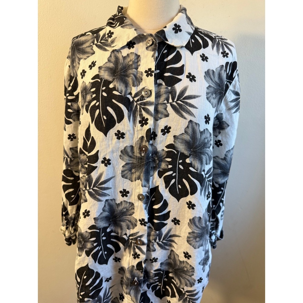 Hot Cotton by Marc Ware 100% Linen Tropical Floral Button Up Shirt Black White M - Picture 2 of 8